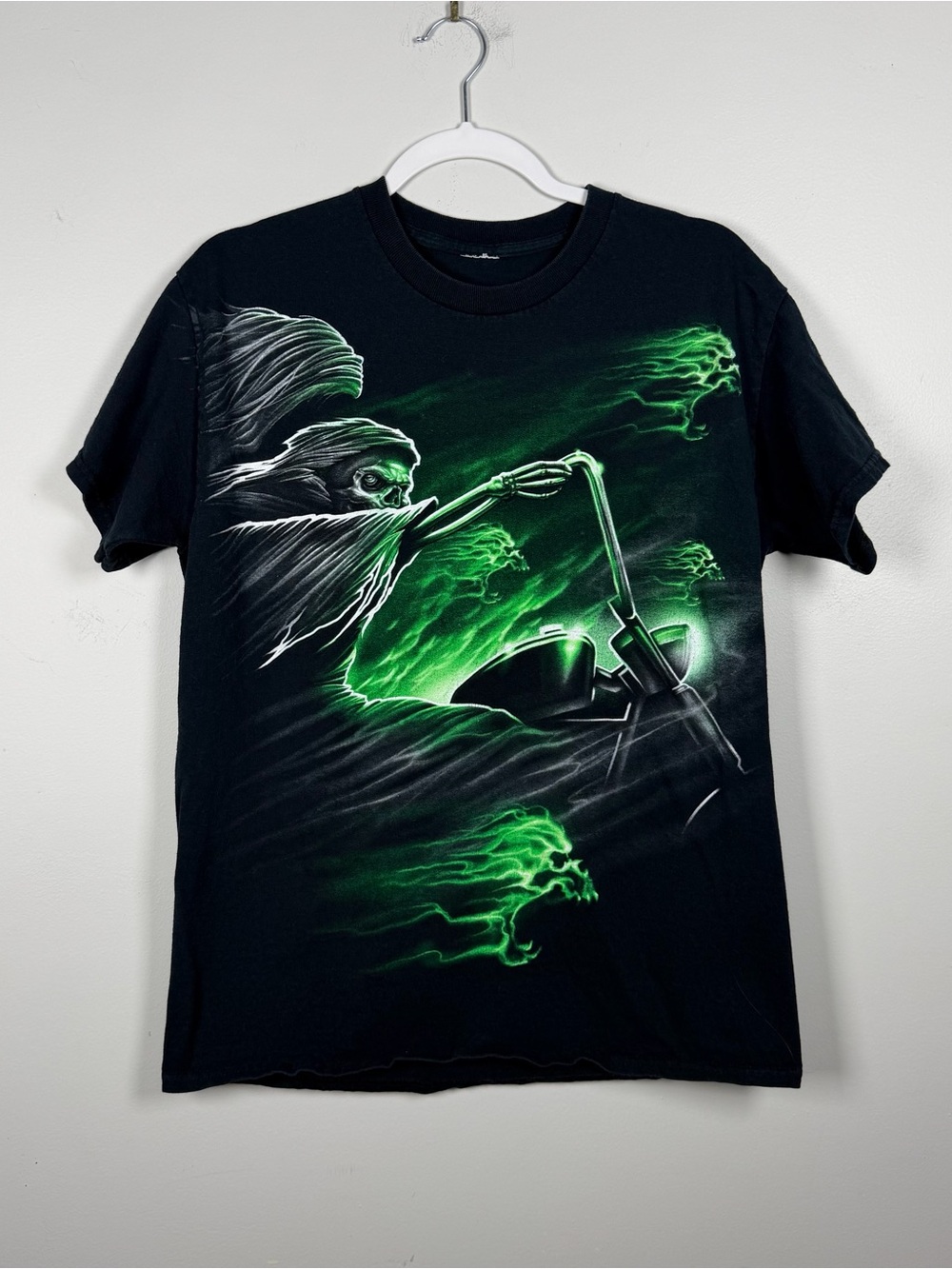 VTG Y2K Grim Reaper Ghost Rider Green Flame Spooky Biker Graphic T Shirt Medium